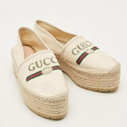 Pre Owned Gucci Size 39.5 Cream Canvas and Leather Logo Graphic Print Platform Espadrille