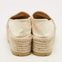 Pre Owned Gucci Size 39.5 Cream Canvas and Leather Logo Graphic Print Platform Espadrille