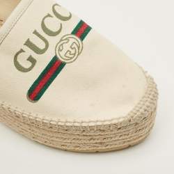Pre Owned Gucci Size 39.5 Cream Canvas and Leather Logo Graphic Print Platform Espadrille