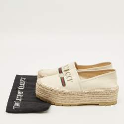 Pre Owned Gucci Size 39.5 Cream Canvas and Leather Logo Graphic Print Platform Espadrille