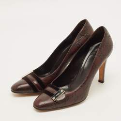 Pre Owned Gucci Guccissima Size 38 Dark Brown Leather Velvet Metal Buckle Pumps