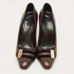 Pre Owned Gucci Guccissima Size 38 Dark Brown Leather Velvet Metal Buckle Pumps