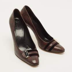 Pre Owned Gucci Guccissima Size 38 Dark Brown Leather Velvet Metal Buckle Pumps