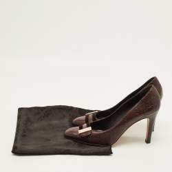 Pre Owned Gucci Guccissima Size 38 Dark Brown Leather Velvet Metal Buckle Pumps
