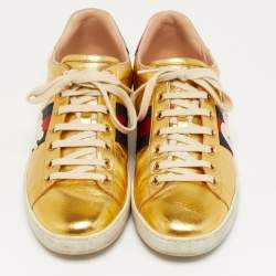 Pre Owned حذاء رياضي غوتشي أيس بلايند فور لوف جلد ذهبي ميتاليك عنق منخفض مقاس 40 