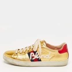 Pre Owned Gucci Ace Size 39.5 Metallic Gold Leather Web Blind For Love Low Top Sneakers