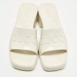 Pre Owned Gucci Size 37 White Rubber Block Heel Slide Sandals