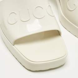 Pre Owned Gucci Size 37 White Rubber Block Heel Slide Sandals