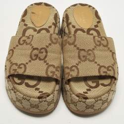 Pre Owned صندل سلايد غوتشي بني كانفاس GG بمقاس 38.5