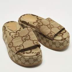 Pre Owned صندل سلايد غوتشي بني كانفاس GG بمقاس 38.5