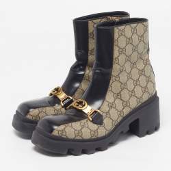 Pre Owned حذاء بوت غوتشي من قماش وجلد أسود/بيج بطو ل الكاحل مقاس 37.5