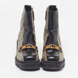 Pre Owned حذاء بوت غوتشي من قماش وجلد أسود/بيج بطول الكاحل مقاس 37.5