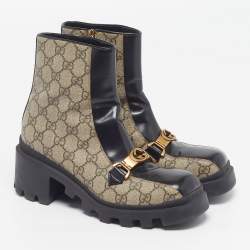 Pre Owned حذاء بوت غوتشي من قماش وجلد أسود/بيج بطول الكاحل مقاس 37.5