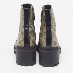 Pre Owned حذاء بوت غوتشي من قماش وجلد أسود/بيج بطول الكاحل مقاس 37.5