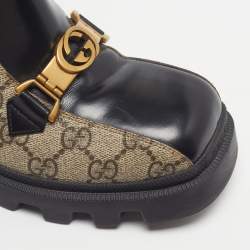 Pre Owned حذاء بوت غوتشي من قماش وجلد أسود/بيج بطول الكاحل مقاس 37.5