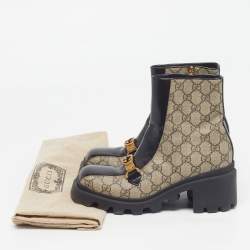 Pre Owned حذاء بوت غوتشي من قماش وجلد أسود/بيج بطول الكاحل مقاس 37.5