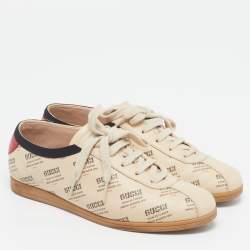 مملوكة مسبقًا Gucci Falacer Invite Print Size 36.5 Beige Leather Low Top Sneakers
