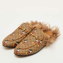 Pre Owned Gucci x Disney Princetown Size 37.5 Brown Mickey Mouse Print GG Supreme Canvas Flat Mules