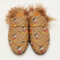 Pre Owned Gucci x Disney Princetown Size 37.5 Brown Mickey Mouse Print GG Supreme Canvas Flat Mules