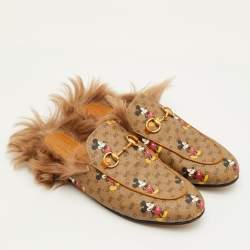 Pre Owned Gucci x Disney Princetown Size 37.5 Brown Mickey Mouse Print GG Supreme Canvas Flat Mules