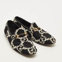Pre Owned Gucci Jordaan Size 38.5 Black/White Leather and Tweed Loafers