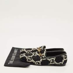 Pre Owned Gucci Jordaan Size 38.5 Black/White Leather and Tweed Loafers