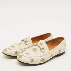 Pre Owned Gucci Jordaan Size 37.5 Cream Bee & Star Embroidered Leather Loafers