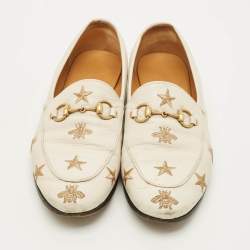 Pre Owned Gucci Jordaan Size 37.5 Cream Bee & Star Embroidered Leather Loafers
