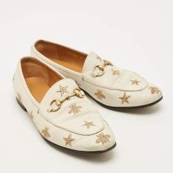 Pre Owned Gucci Jordaan Size 37.5 Cream Bee & Star Embroidered Leather Loafers