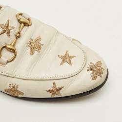 Pre Owned Gucci Jordaan Size 37.5 Cream Bee & Star Embroidered Leather Loafers