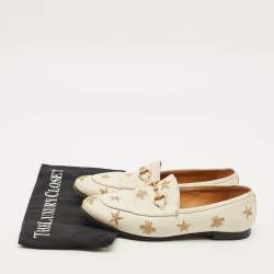 Pre Owned Gucci Jordaan Size 37.5 Cream Bee & Star Embroidered Leather Loafers