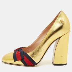 Pre Owned Gucci GG Web Size 40 Gold Leather Pumps