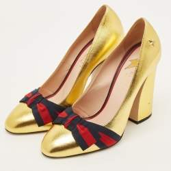 Pre Owned Gucci GG Web Size 40 Gold Leather Pumps