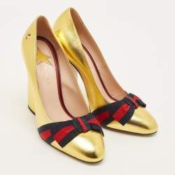 Pre Owned Gucci GG Web Size 40 Gold Leather Pumps