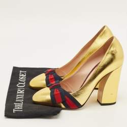 Pre Owned Gucci GG Web Size 40 Gold Leather Pumps