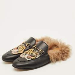 مملوكة مسبقًا Gucci Princetown Size 41 Black Leather Tiger Embroidered Horsebit Flat Mules
