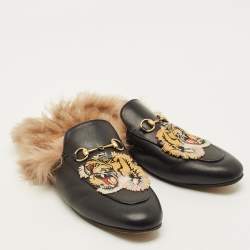 مملوكة مسبقًا Gucci Princetown Size 41 Black Leather Tiger Embroidered Horsebit Flat Mules
