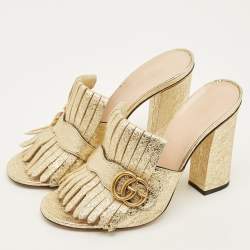 Pre Owned Gucci GG Marmont Size 40.5 Gold Foil Leather Slide Sandals