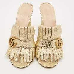 Pre Owned Gucci GG Marmont Size 40.5 Gold Foil Leather Slide Sandals