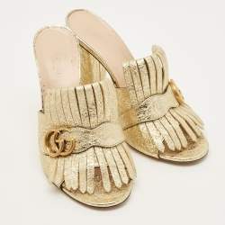 Pre Owned Gucci GG Marmont Size 40.5 Gold Foil Leather Slide Sandals