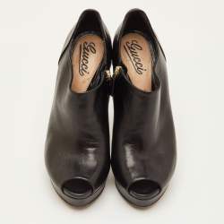 Pre Owned Gucci Size 38 Black Leather Peep Toe Platform Ankle Length Boots