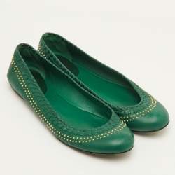 Pre Owned Gucci Studded Size 38.5 Green Leather Ballet Flats