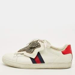 مملوكة مسبقًا Gucci  Ace Size 39 White Leather Embellished Bow Patch Lace Up Sneakers