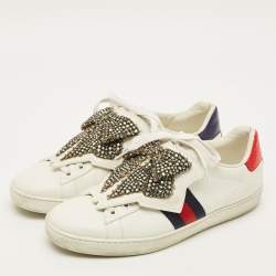 Pre Owned Gucci  Ace Size 39 White Leather Embellished Bow Patch Lace Up Sneakers