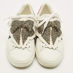 Pre Owned Gucci  Ace Size 39 White Leather Embellished Bow Patch Lace Up Sneakers