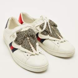 Pre Owned Gucci  Ace Size 39 White Leather Embellished Bow Patch Lace Up Sneakers
