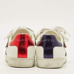 Pre Owned Gucci  Ace Size 39 White Leather Embellished Bow Patch Lace Up Sneakers