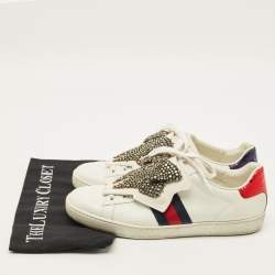 Pre Owned Gucci  Ace Size 39 White Leather Embellished Bow Patch Lace Up Sneakers