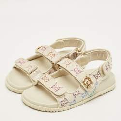 Pre Owned Gucci GG Size 37.5 Cream Canvas and Leather Slingback Sandals