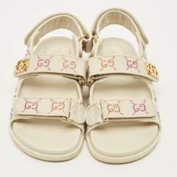 Pre Owned Gucci GG Size 37.5 Cream Canvas and Leather Slingback Sandals
